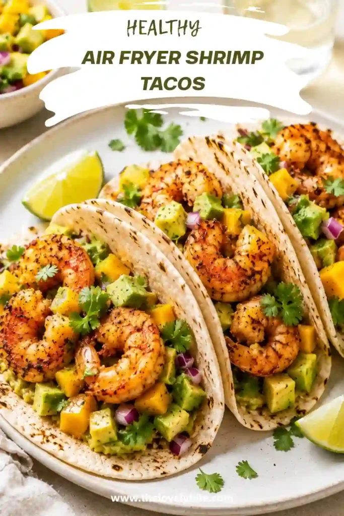 Close-up of crispy seasoned shrimp tacos topped with fresh cilantro and avocado salsa. Perfect for a healthy seafood meal.