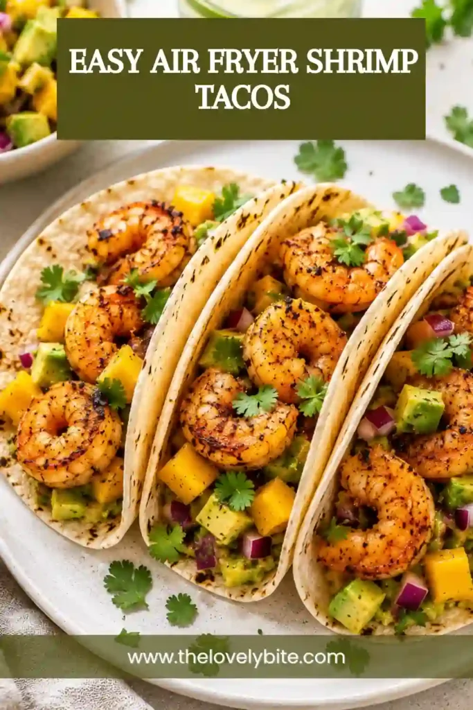 Homemade Air Fryer Shrimp Tacos arranged on a serving platter with fresh cilantro and lime wedges. A vibrant Mexican-inspired meal.