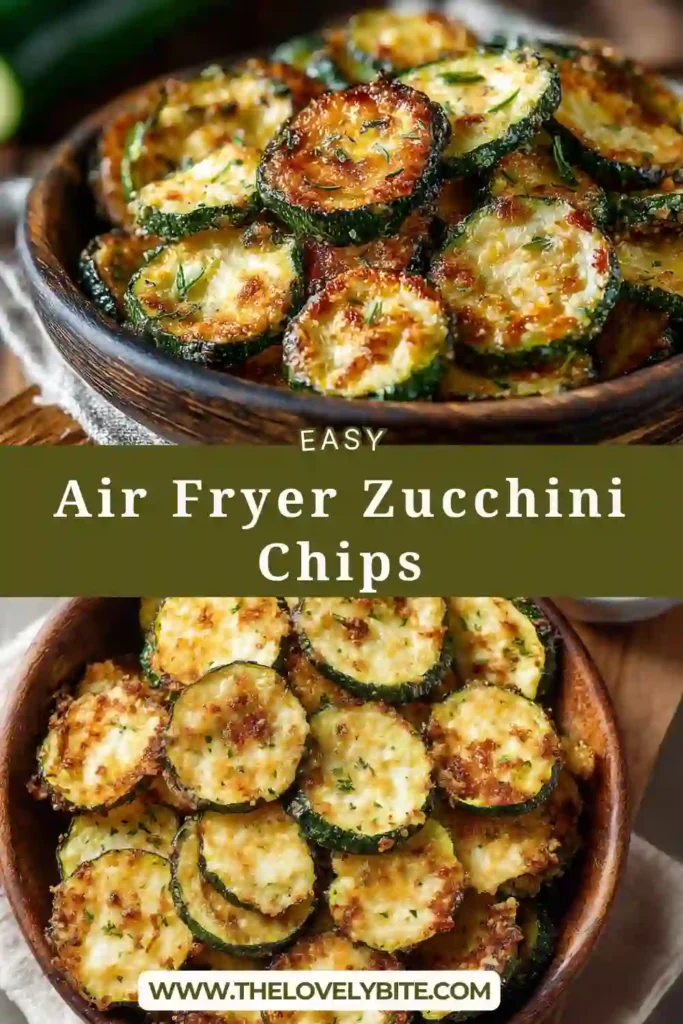 A bowl of crispy Air Fryer Zucchini Chips served fresh and golden brown. These healthy zucchini chips are lightly seasoned with garlic powder and cooked until perfectly crunchy.