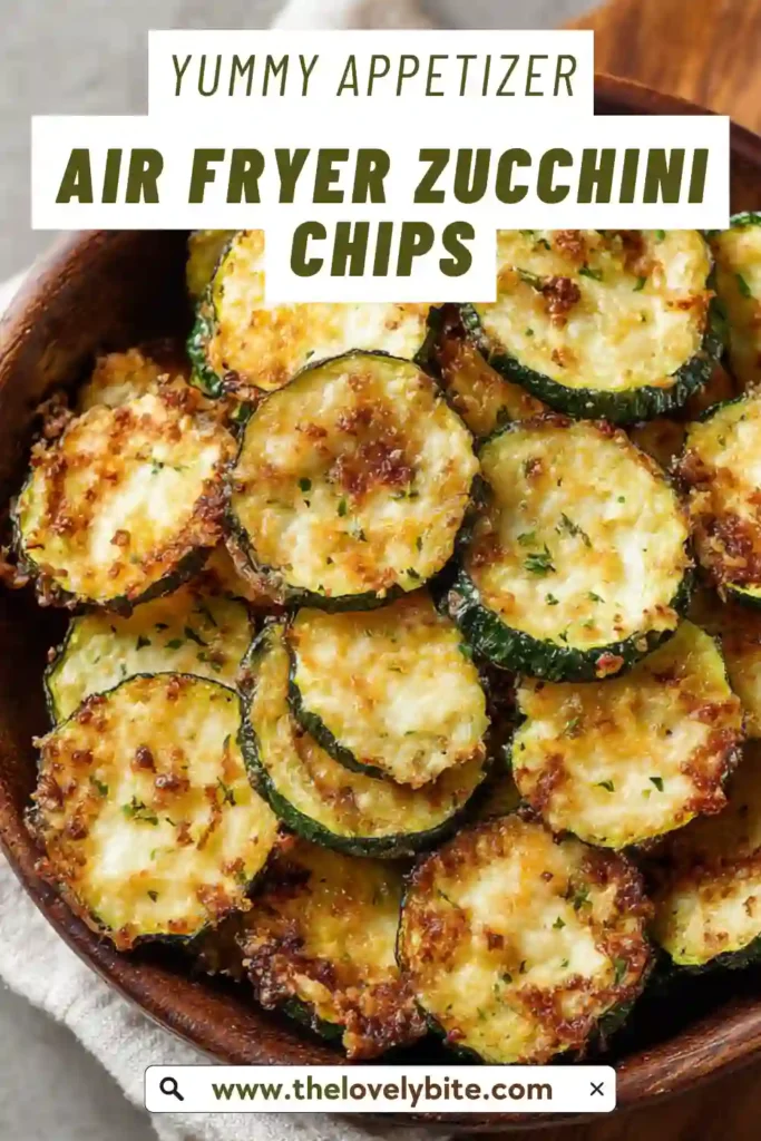 Thinly sliced zucchini chips cooked in an air fryer until golden and crispy. This healthy snack recipe offers a delicious low-carb alternative to traditional chips.