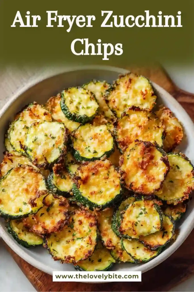 Freshly cooked Air Fryer Zucchini Chips arranged on a serving platter. These homemade vegetable chips are seasoned simply and cooked until crisp and golden.