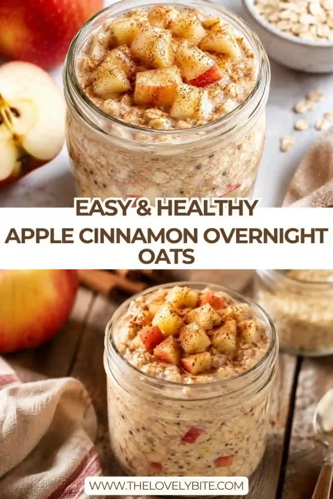A glass jar filled with creamy Apple Cinnamon Overnight Oats topped with diced fresh apples, chopped walnuts, and a sprinkle of cinnamon. This healthy make-ahead breakfast looks fresh and satisfying.