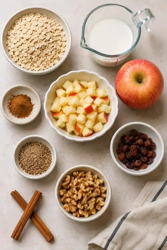 Close-up of Apple Cinnamon Overnight Oats garnished with fresh apples and walnuts. A wholesome no-cook breakfast packed with fiber and comforting flavors.