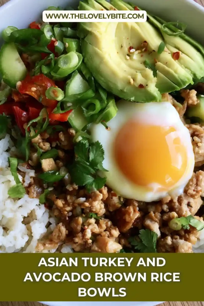 Meal prep style Asian Turkey and Avocado Brown Rice Bowls arranged with healthy ingredients and vibrant toppings. Balanced and colorful presentation.