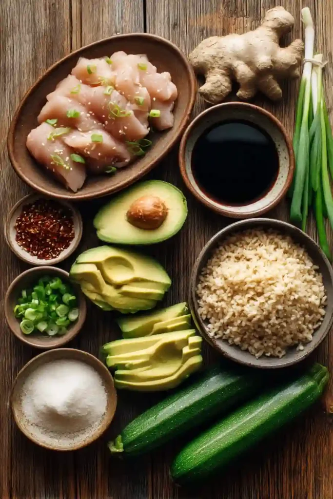 Homemade Asian Turkey and Avocado Brown Rice Bowl with zucchini, avocado, poached egg, sesame seeds, and green onions. Served fresh and warm.