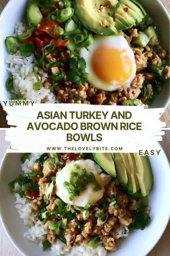 A healthy Asian Turkey and Avocado Brown Rice Bowl topped with seasoned ground turkey, sliced avocado, poached egg, green onions, and sesame seeds. Served in a modern bowl with wholesome ingredients.
