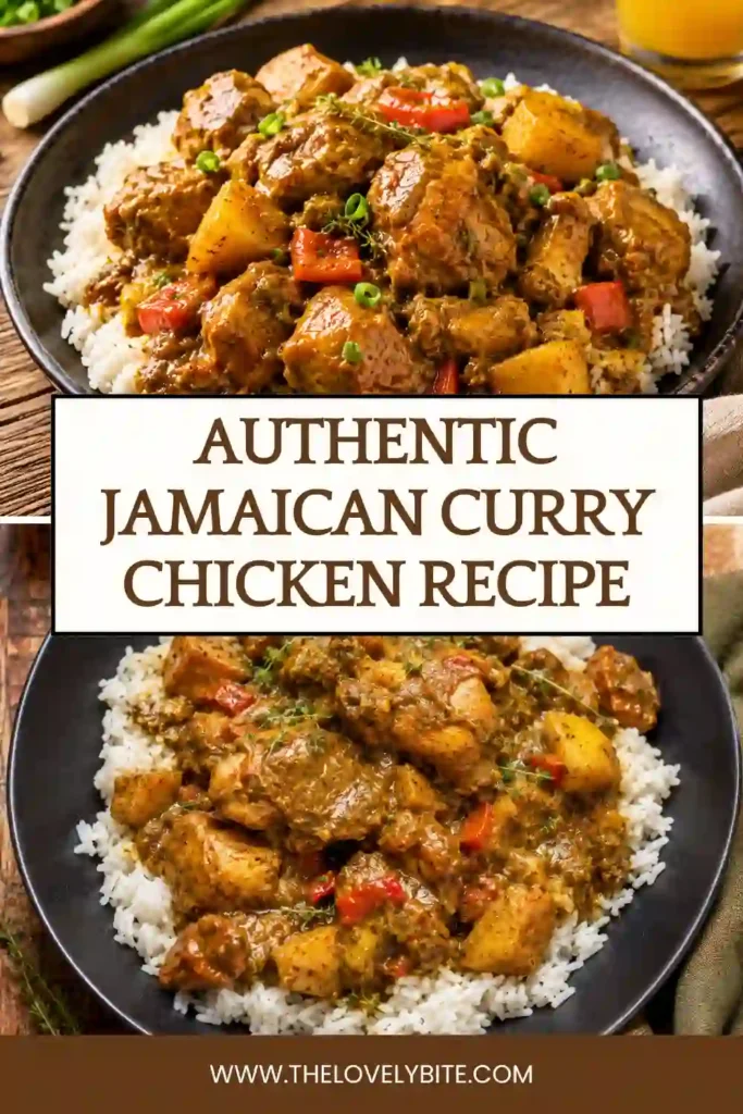 A bowl of Authentic Jamaican Curry Chicken served over white rice with potatoes and carrots. The rich golden curry sauce highlights the bold flavors of traditional Caribbean cooking.
