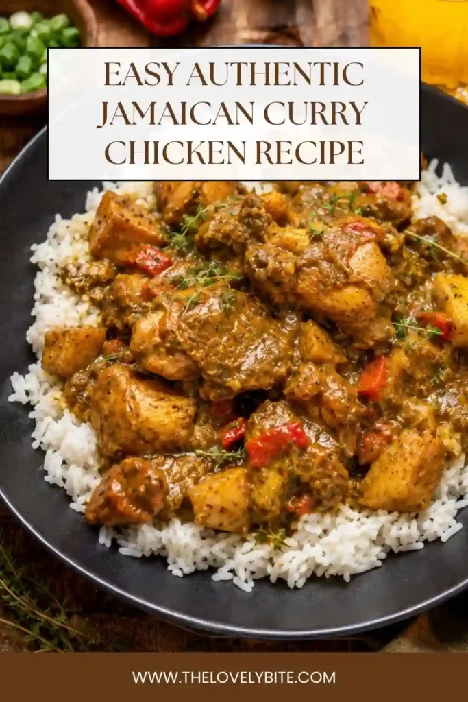 Traditional Jamaican Curry Chicken cooked with Scotch bonnet peppers, carrots, and potatoes in a creamy coconut curry sauce. A hearty Caribbean dinner packed with authentic flavor.