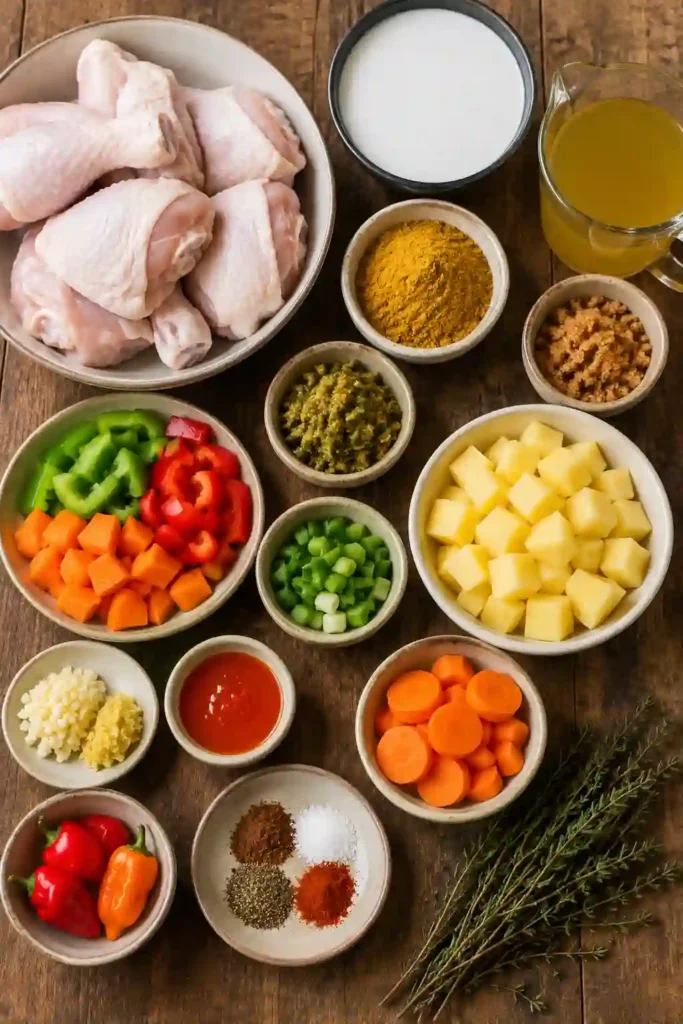 Homemade Authentic Jamaican Curry Chicken featuring bone-in chicken, potatoes, and vegetables simmered in a flavorful curry gravy. Perfect for a comforting family dinner.