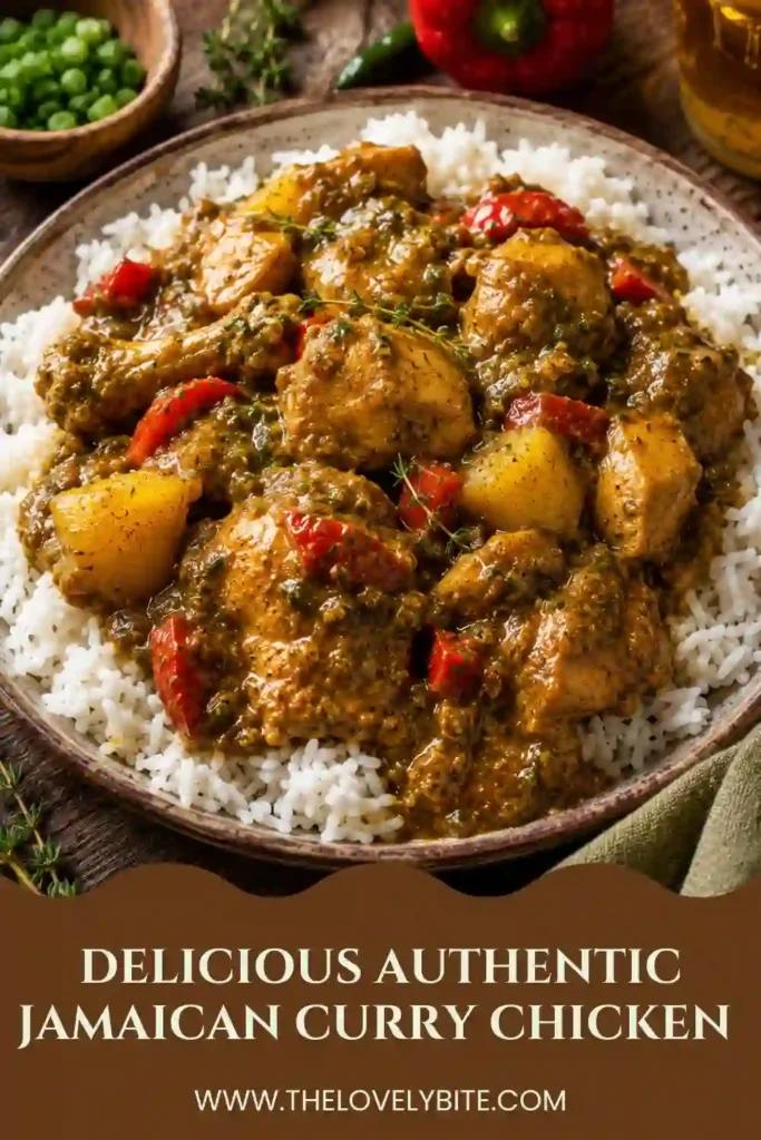 Authentic Jamaican Curry Chicken presented with rice and peas, featuring golden curry sauce and tender chicken pieces. A classic Caribbean comfort food recipe.