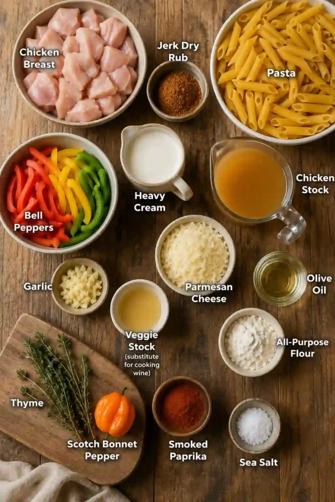 A bowl of Authentic Jerk Chicken Rasta Pasta topped with tender jerk-seasoned chicken and colorful bell peppers. The creamy Caribbean-inspired sauce coats every piece of pasta beautifully.