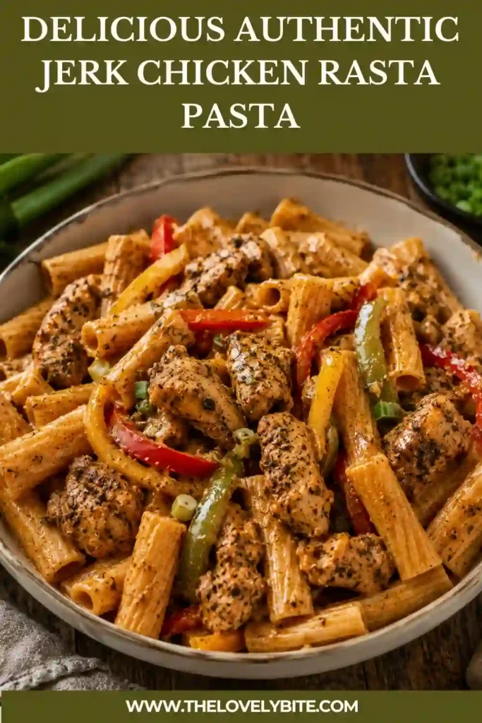 Homemade Authentic Jerk Chicken Rasta Pasta served fresh with scallions and parmesan cheese. The colorful vegetables and creamy sauce create a restaurant-quality presentation.