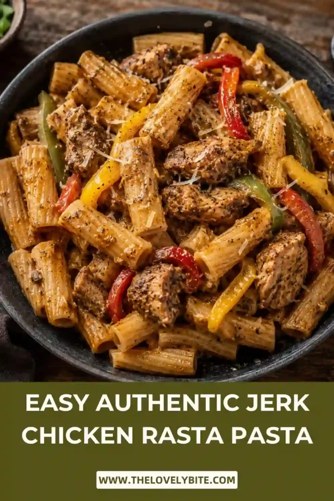 Close-up of creamy jerk chicken pasta with bell peppers and parmesan. Authentic Jerk Chicken Rasta Pasta showcases rich sauce and bold island-inspired seasonings.
