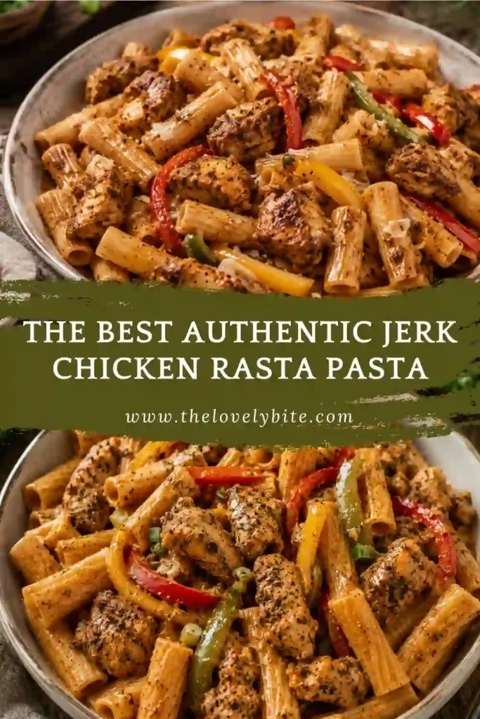 Authentic Jerk Chicken Rasta Pasta served in a rustic bowl with colorful vegetables and creamy sauce. The dish highlights classic Jamaican-inspired flavors.