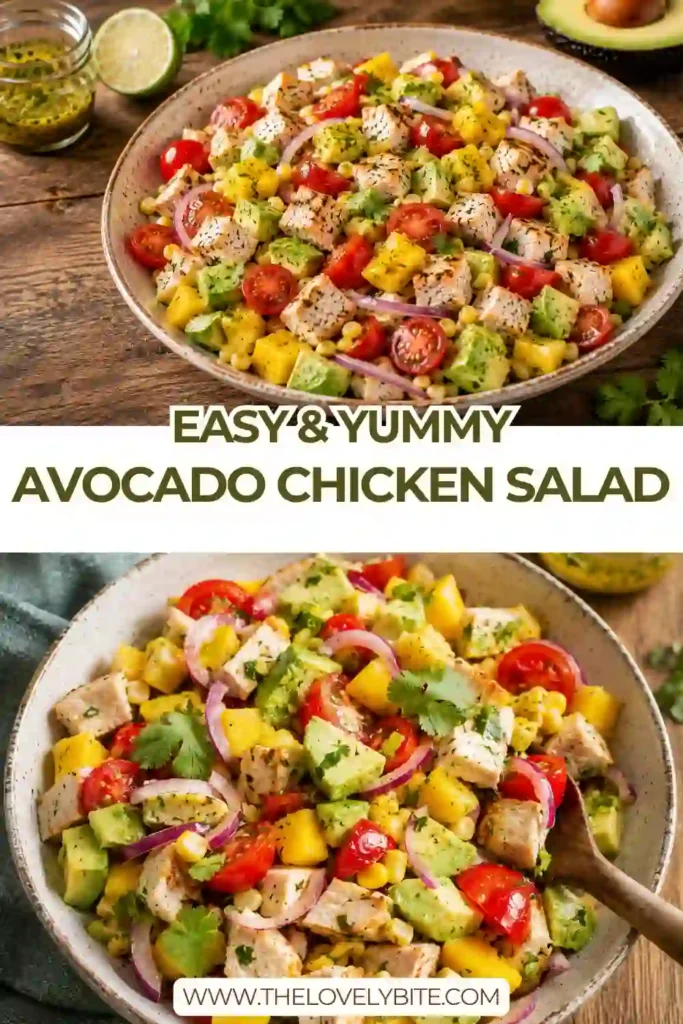 Healthy Avocado Chicken Salad featuring juicy chicken, avocado cubes, cherry tomatoes, sweet corn, and fresh cilantro tossed in homemade lime dressing.