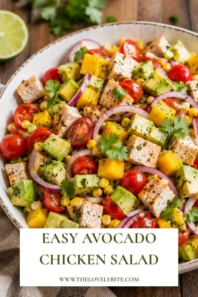A colorful bowl of Avocado Chicken Salad with mango, tomatoes, corn, red onion, and cilantro served as a nutritious lunch.