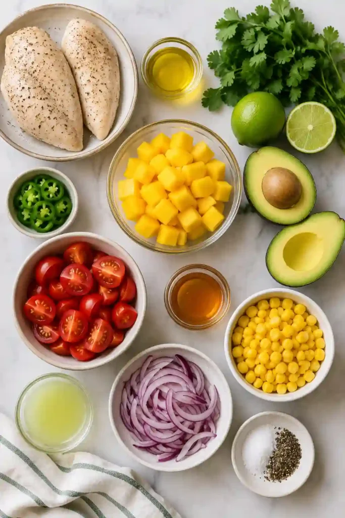 Fresh Avocado Chicken Salad served in a large bowl with grilled chicken, ripe avocado, mango, cherry tomatoes, corn, and cilantro lime dressing. This colorful high-protein salad is perfect for healthy lunches and summer meals.