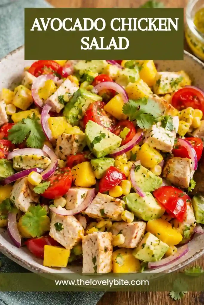 Homemade Avocado Chicken Salad garnished with fresh cilantro and tossed in tangy lime dressing for a vibrant and healthy meal.