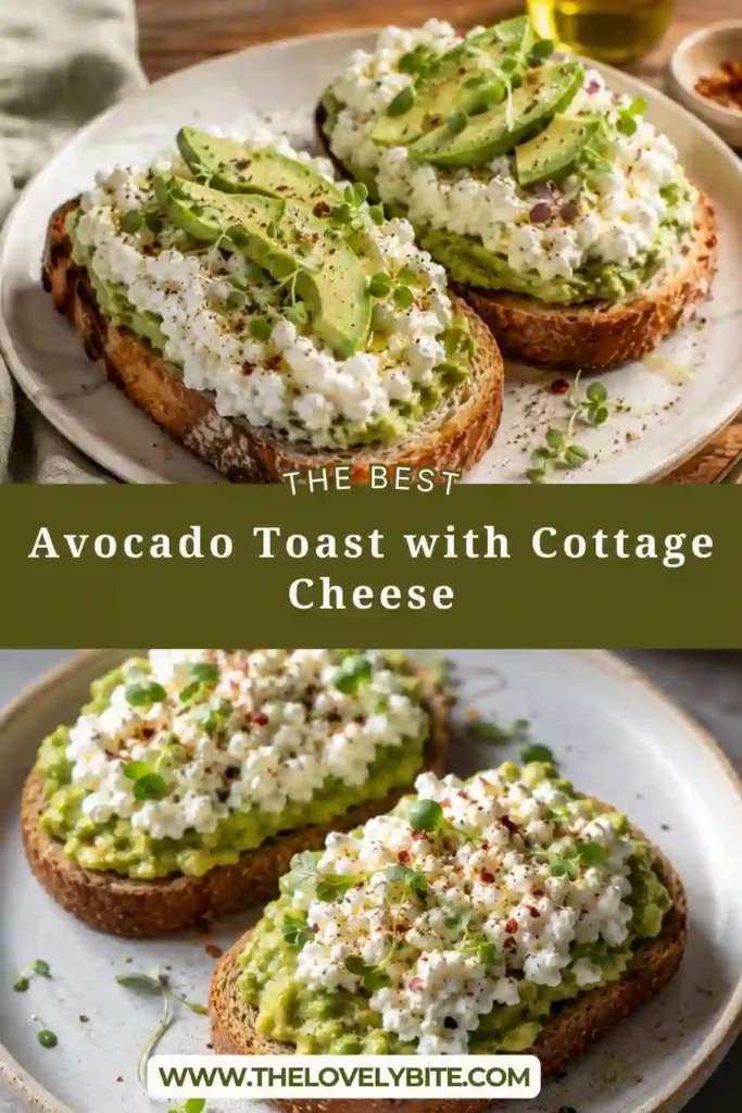 A slice of crispy sourdough topped with creamy avocado, cottage cheese, sliced eggs, and fresh microgreens. This high protein breakfast is colorful, fresh, and satisfying.