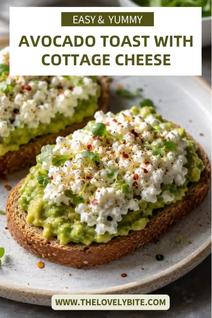 Healthy avocado toast with cottage cheese served on crispy sourdough and finished with green onions and everything bagel seasoning. A simple protein-packed breakfast recipe.