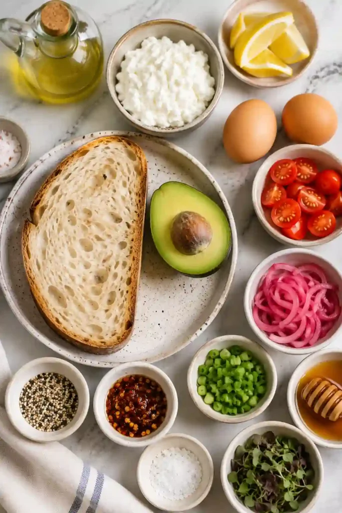 Crispy sourdough avocado toast topped with cottage cheese, eggs, microgreens, and a drizzle of honey for a flavorful breakfast.