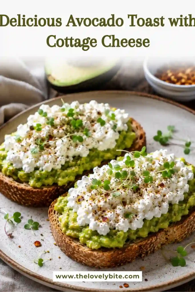 Protein-rich avocado egg toast featuring cottage cheese, ripe avocado, and toasted artisan bread with colorful fresh toppings.