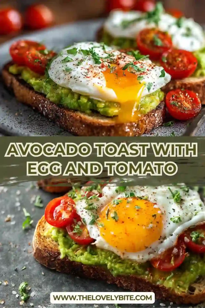 A slice of Avocado Toast with Egg and Tomato topped with creamy mashed avocado, fresh cherry tomatoes, and a perfectly poached egg. This healthy breakfast is served on golden toasted sourdough bread.