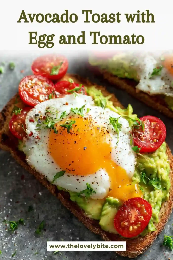Healthy avocado toast featuring ripe avocado, sliced cherry tomatoes, chopped chives, and poached eggs on toasted artisan bread. A nutritious breakfast packed with flavor and texture.