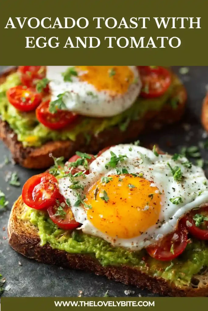 Close-up of Avocado Toast with Egg and Tomato garnished with fresh chives and cracked black pepper. The colorful breakfast is served on crisp sourdough bread.