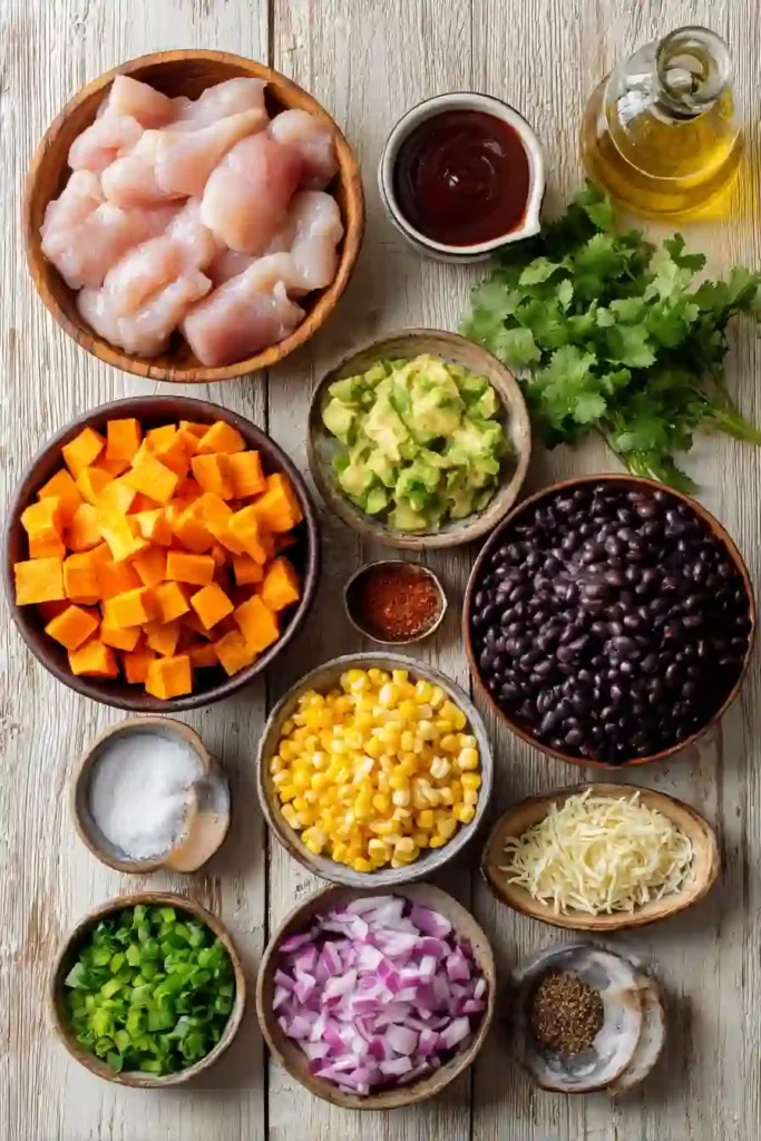 Freshly prepared BBQ Chicken Sweet Potato Bowl with barbecue chicken, roasted sweet potatoes, cheese, and vegetables. An easy and satisfying family-friendly meal.