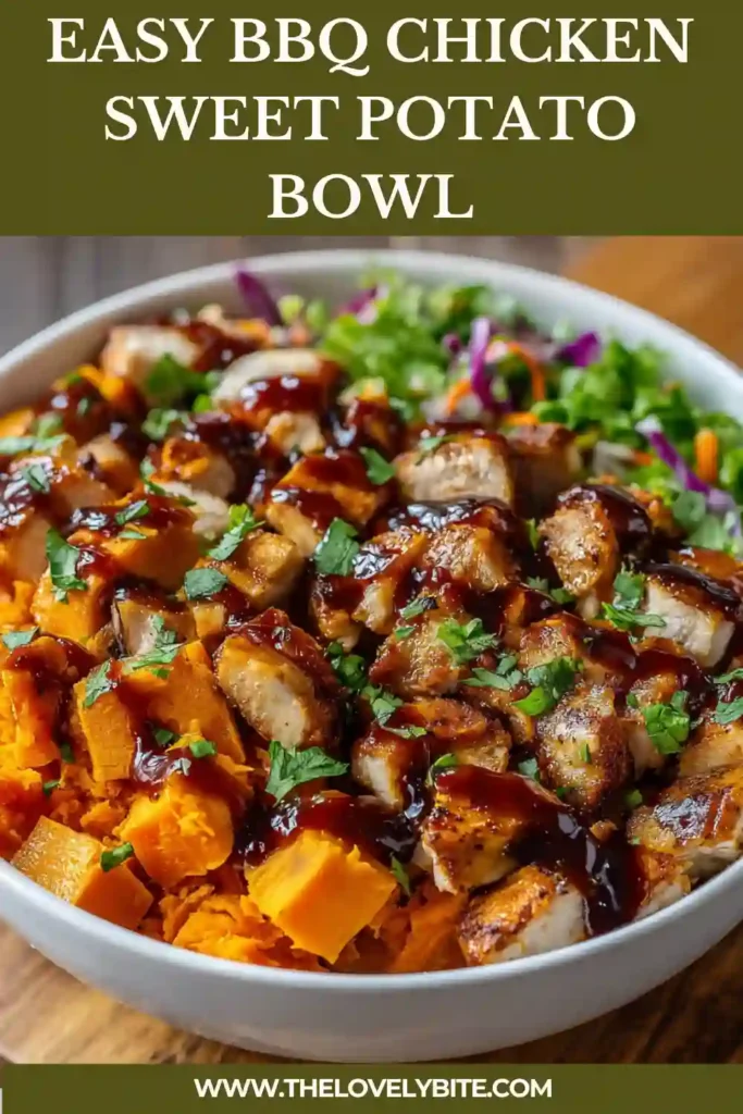 Healthy BBQ chicken bowl served with roasted sweet potatoes, corn, avocado, and fresh herbs. A protein-packed dinner that is easy to prepare and full of flavor.