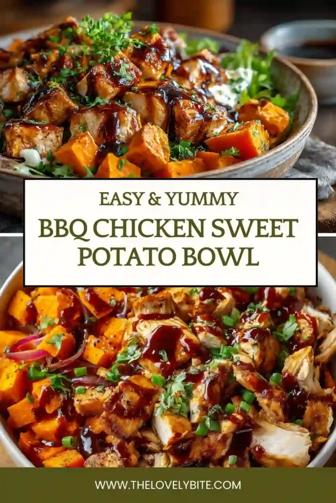 Flavorful BBQ Chicken Sweet Potato Bowl featuring smoky chicken, caramelized sweet potatoes, black beans, and vibrant toppings. A wholesome meal suitable for lunch or dinner.