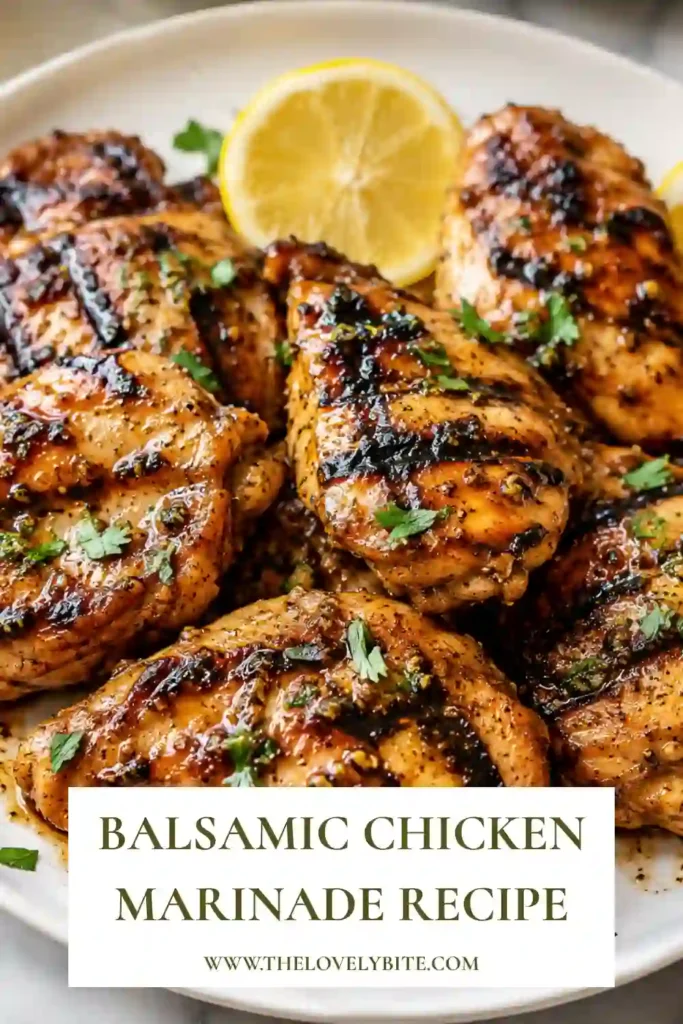 Baked balsamic chicken breasts resting on a serving platter with fresh chives. The chicken is golden brown and perfectly cooked.