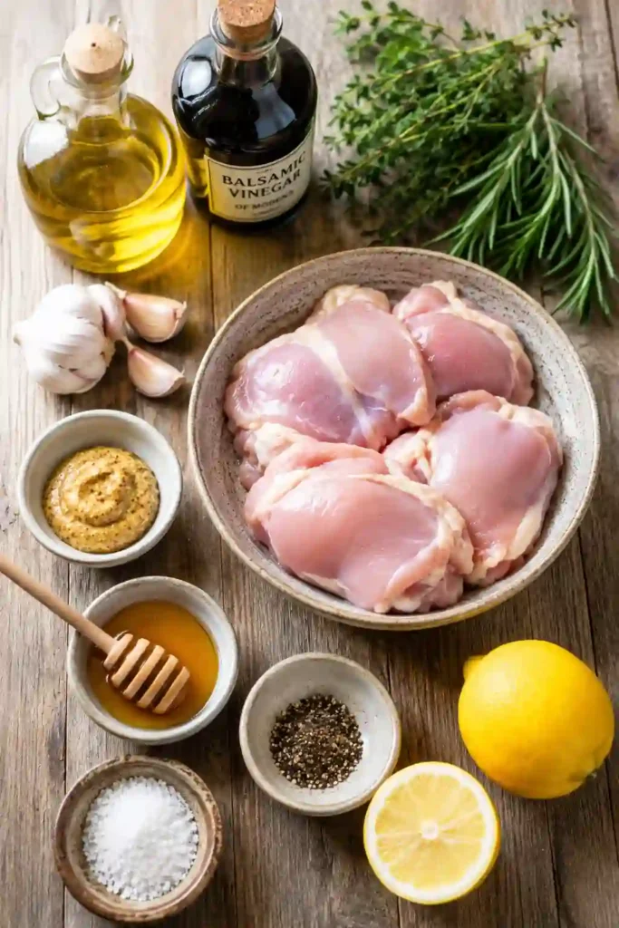 Freshly cooked balsamic chicken served with herbs and vegetables on a dinner plate. The chicken appears tender, juicy, and perfectly seasoned.