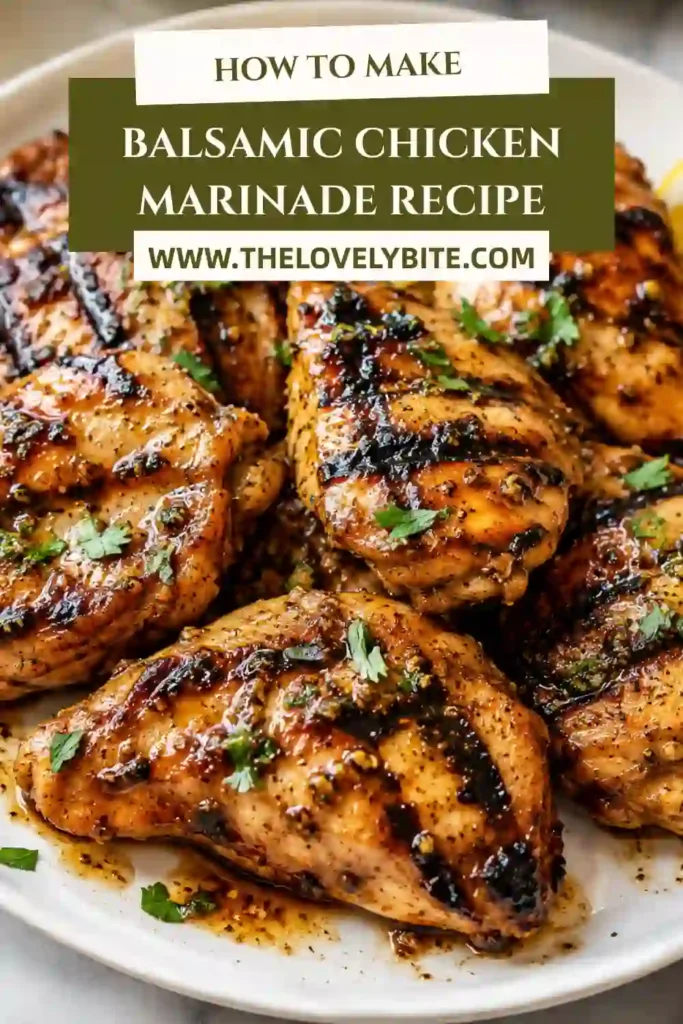 Pan-seared balsamic vinegar chicken topped with fresh rosemary and thyme. The chicken is golden and glossy from the flavorful marinade.