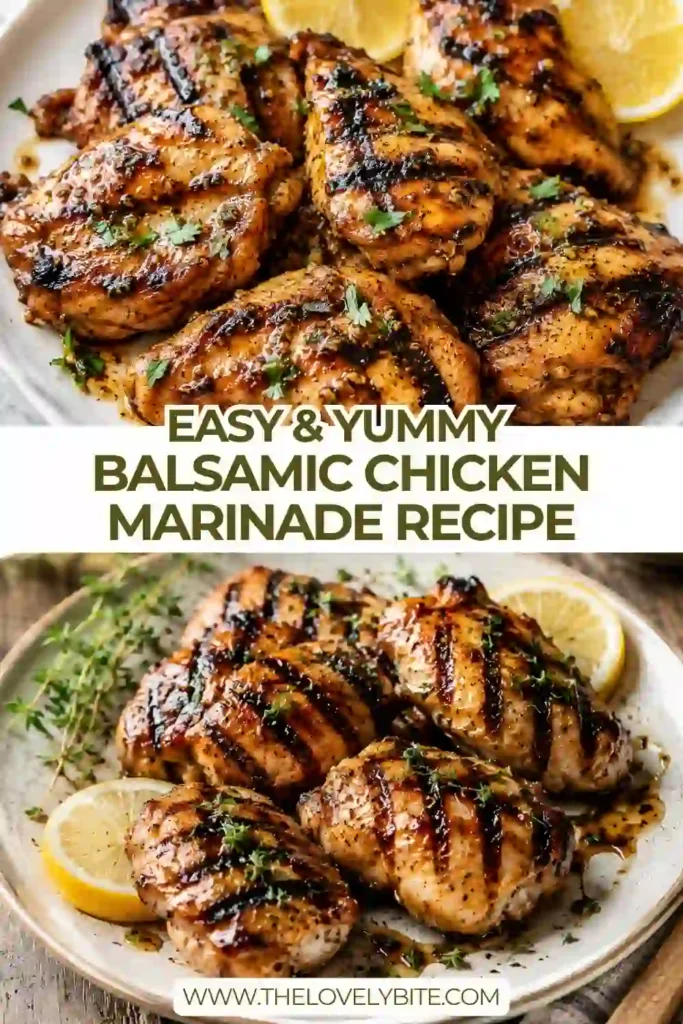 Juicy grilled chicken prepared with balsamic chicken marinade and garnished with fresh herbs. The chicken has a caramelized exterior and tender, flavorful interior.