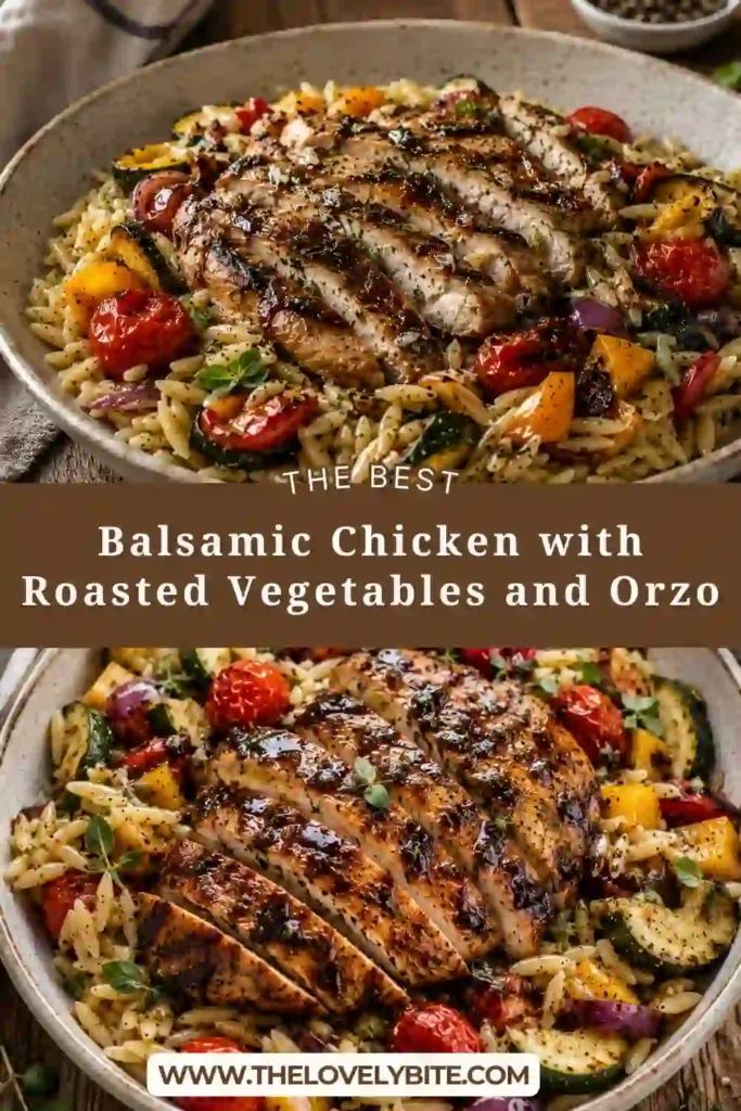 A bowl of balsamic chicken with roasted vegetables and orzo topped with crumbled feta. The colorful vegetables and juicy chicken create a healthy Mediterranean dinner.