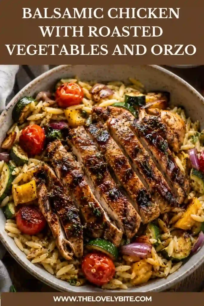 Roasted balsamic chicken served with orzo, zucchini, eggplant, cherry tomatoes, and feta cheese. This easy chicken dinner is vibrant and full of flavor.