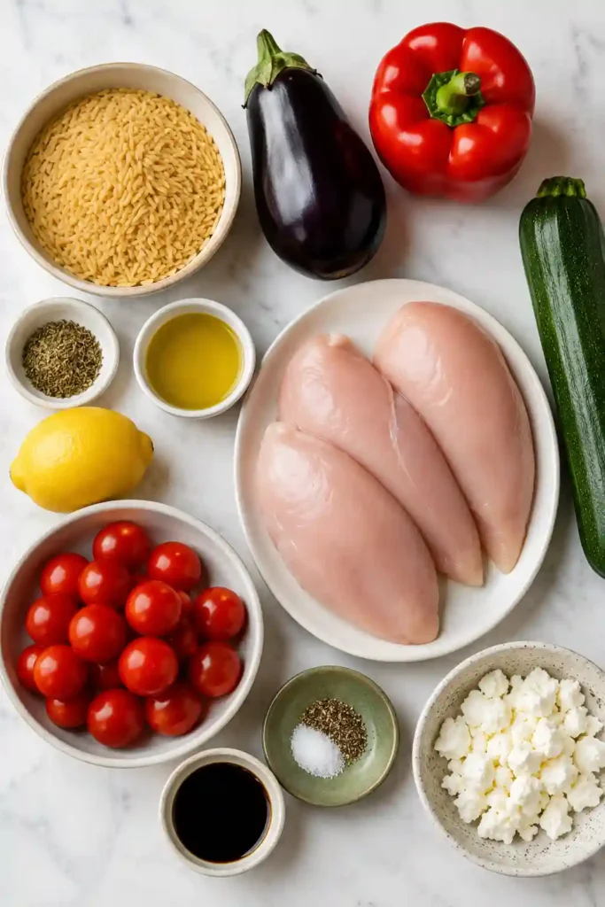 Fresh roasted vegetables, sliced chicken breast, and orzo tossed with balsamic pan juices and garnished with feta for an easy weeknight dinner.