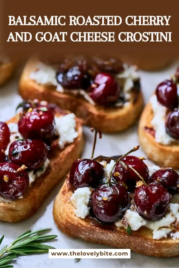 Toasted crostini with roasted cherries and goat cheese arranged on a serving platter.