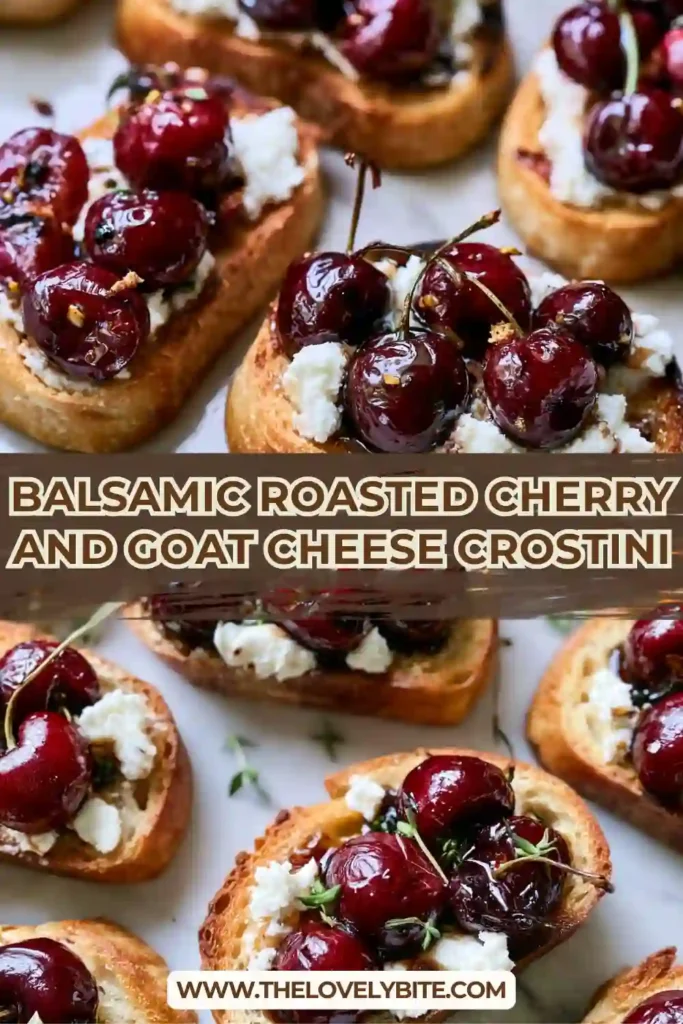 Balsamic roasted cherry crostini topped with goat cheese, thyme, honey, and balsamic glaze.