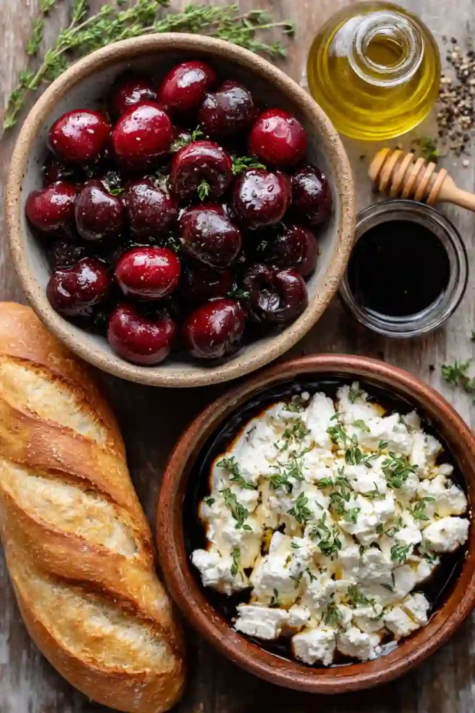 Goat cheese crostini topped with balsamic roasted cherries and fresh thyme.