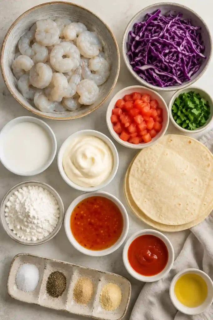 Crispy Bang Bang Shrimp Tacos served in warm corn tortillas with shredded cabbage, diced tomatoes, and creamy sweet chili sauce. The tacos are garnished with fresh cilantro and lime wedges.