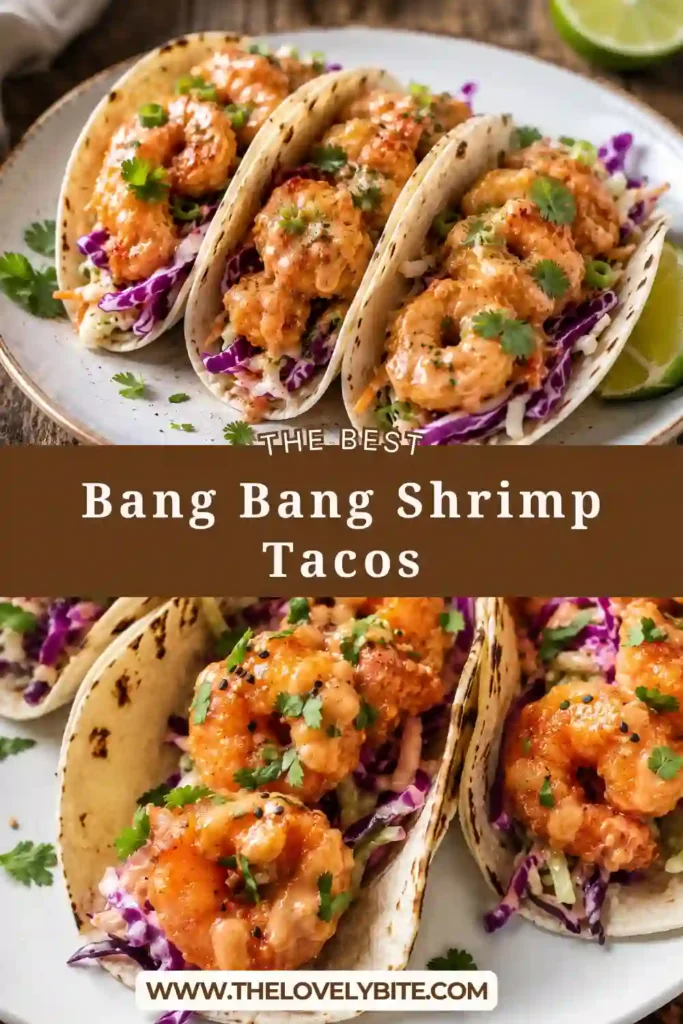 Golden fried shrimp coated in Bang Bang sauce nestled inside soft tortillas with crunchy cabbage and fresh tomato. A colorful shrimp taco recipe perfect for weeknight dinners.