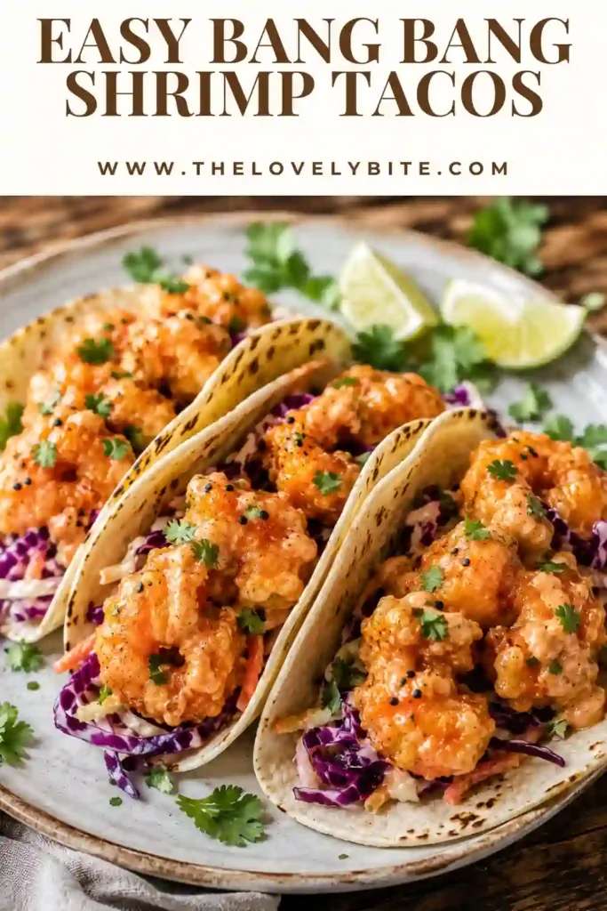 A close-up of Bang Bang Shrimp Tacos filled with crunchy vegetables and crispy shrimp. The creamy sweet chili drizzle adds bold flavor and visual appeal.