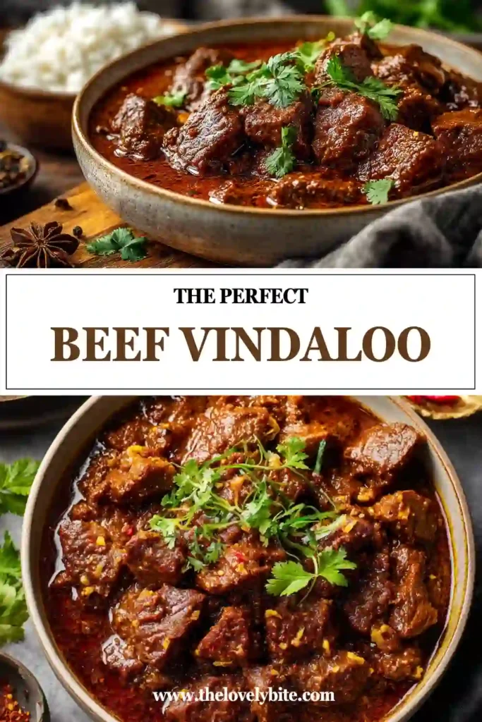 Homemade Beef Vindaloo featuring slow-simmered beef in a tangy tomato and spice sauce. Served with warm naan and fresh yogurt.