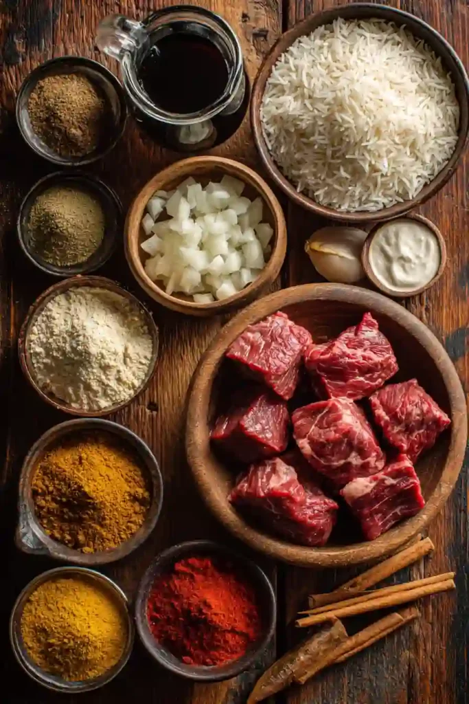 A bowl of Beef Vindaloo served over fluffy basmati rice with a rich, spicy sauce. Tender beef pieces are coated in a flavorful Indian-inspired curry.