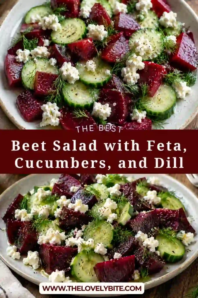 A bowl of Beet Salad with Feta, Cucumbers, and Dill featuring roasted beets, sliced cucumbers, crumbled feta, and fresh herbs. A colorful and healthy Mediterranean-inspired salad.