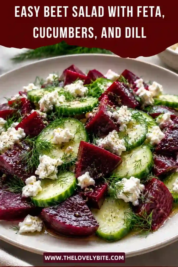 Fresh beet and cucumber salad topped with feta cheese and chopped dill. This vibrant side dish is dressed with olive oil and balsamic vinegar.