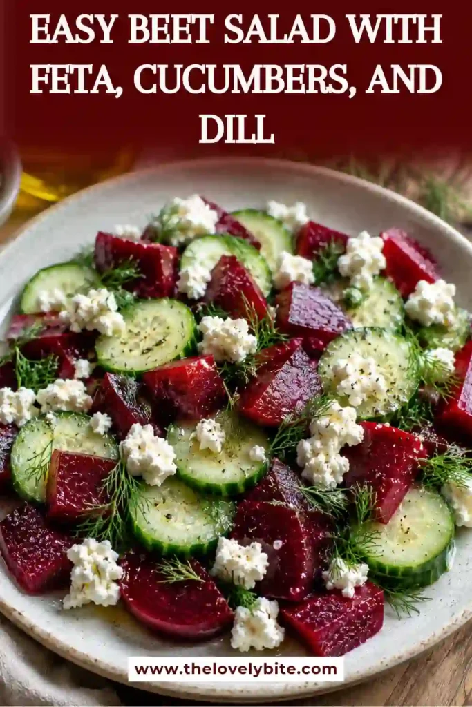 Homemade Beet Salad with Feta, Cucumbers, and Dill served in a white bowl. The bright colors and fresh ingredients make it a beautiful healthy salad.